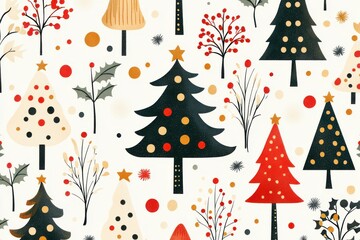 Charming retro Christmas pattern featuring stylized trees and decorative elements in festive colors