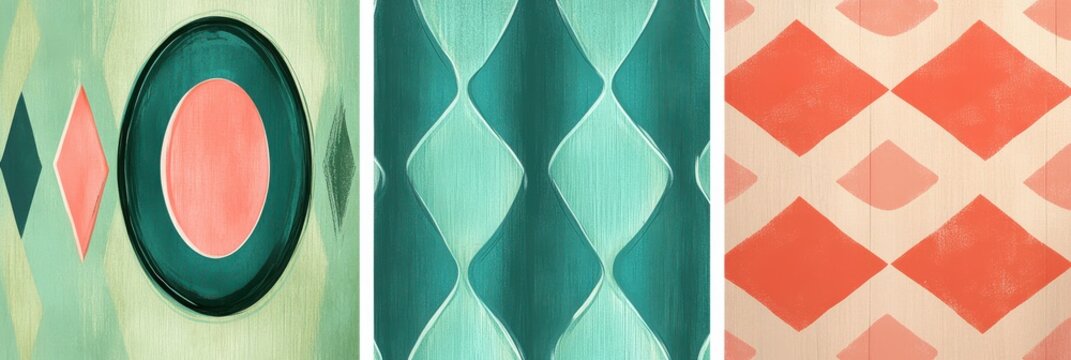 Seamless collection of abstract geometric patterns with circles and diamond shapes in teal and coral hues