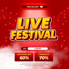Live Festival Shopping day Sale discount deals Editable text with vibrant red gradient Fireworks Flash Light Cloudy Premium promotional square banner