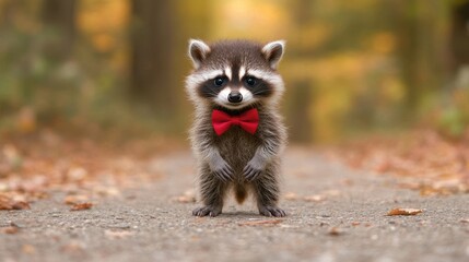 Charming raccoon dressed in a red bow tie stands adorably in a tranquil forest path during autumn season. Generative AI