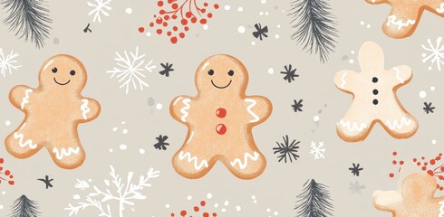 Seamless pattern with pastel Christmas cookies and pine branches for festive designs and seasonal decor