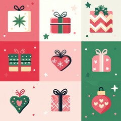 Festive Christmas icon set featuring gift boxes, cookies, and decorations