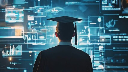 A graduate guy wearing a cap stands in front of a glowing digital display filled with data graphs and statistics. Virtual education concept - Powered by Adobe