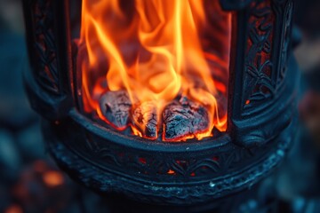 Embers glowing in ornate metal brazier
