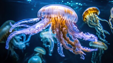 Naklejka premium Ethereal Jellyfish Float in Vibrant Underwater Scene