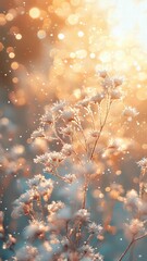 Delicate Frosted Flowers Under Soft Sunlight &ndash; A Magical Winter Scene with Beautiful Bokeh Effect &ndash; Serene Nature Photography Perfect for Your Projects and Needs.