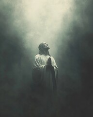 Fototapeta premium A prayerful portrayal of Jesus, surrounded by a celestial and smoky ambiance.