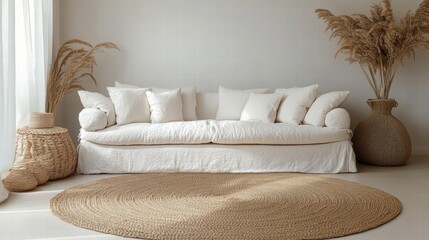 Neutral Beige Living Room Interior with Linen Sofa and Jute Rug