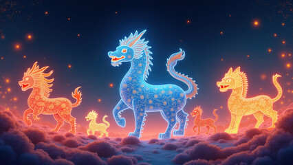Obraz premium Glowing Chinese Dragons in Sky Clouds - Neon and glowing effects