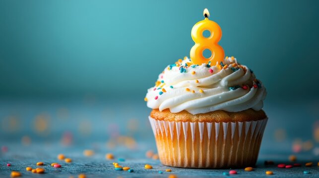 Celebrate a joyous birthday moment with a delicious cupcake topped with a vibrant number eight candle. Generative AI