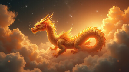Obraz premium Golden Dragon Soaring Through Clouds - Fantasy Art