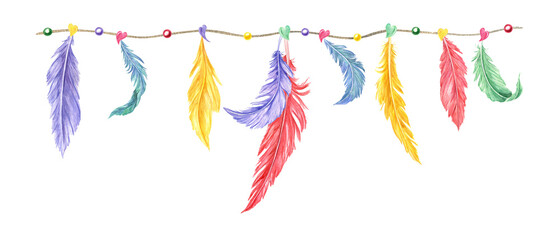 Watercolor multicolored fluffy feather plumage, hearts and beads hanging on string illustration. Hand drawn Mardi Gras carnival garland with accessories for party design, print, package decor