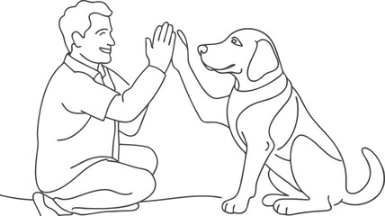 Man high-fiving dog in continuous line art drawing style. Pet and people friendship