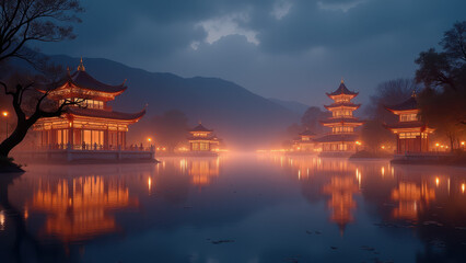 Naklejka premium Illuminated Chinese Temples at Dusk - Asian-inspired imagery