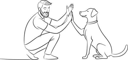 Man high-fiving dog in continuous line art drawing style. Pet and people friendship