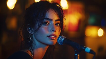 Close up portrait of a talented and passionate female singer performing a powerful and emotive ballad under the spotlight on a dimly lit stage showcasing her vocal skills and expression
