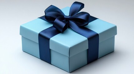 Obraz premium Beautifully wrapped blue gift box with a dark ribbon awaits surprise on a smooth surface. Generative AI
