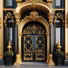 Gold and Black Baroque Style Palace Portal with Ornate Columns Generative AI Interior Design