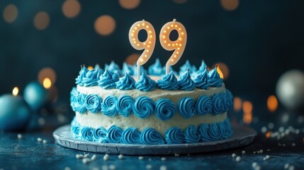 Celebrate a special milestone with a beautifully decorated cake adorned with vibrant blue frosting and nostalgic candles. Generative AI
