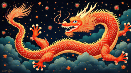Fototapeta premium Majestic Red Dragon, Asian Art, Mythical Creature - Mythical Creatures