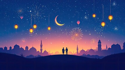 Naklejka premium Silhouette couple walking on hilltop overlooking Islamic city at night, illuminated by lanterns, fireworks, and moon.