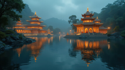 Naklejka premium Serene Asian Temples at Dusk - Tranquil/Serene Landscapes: The imag.