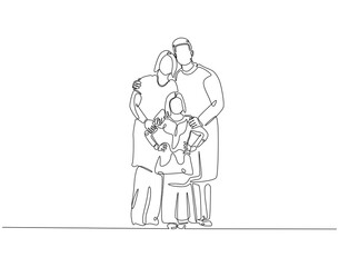 Continuous line drawing of family standing together. Single line illustration of happy family. Bonding, care, love concept. Editable outline