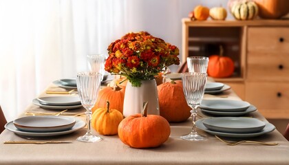 Fototapeta premium Autumn Thanksgiving Table Setting Pumpkins Flowers Plates