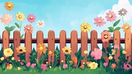Vibrant flowers blooming in a garden beside a wooden fence under a bright blue sky.