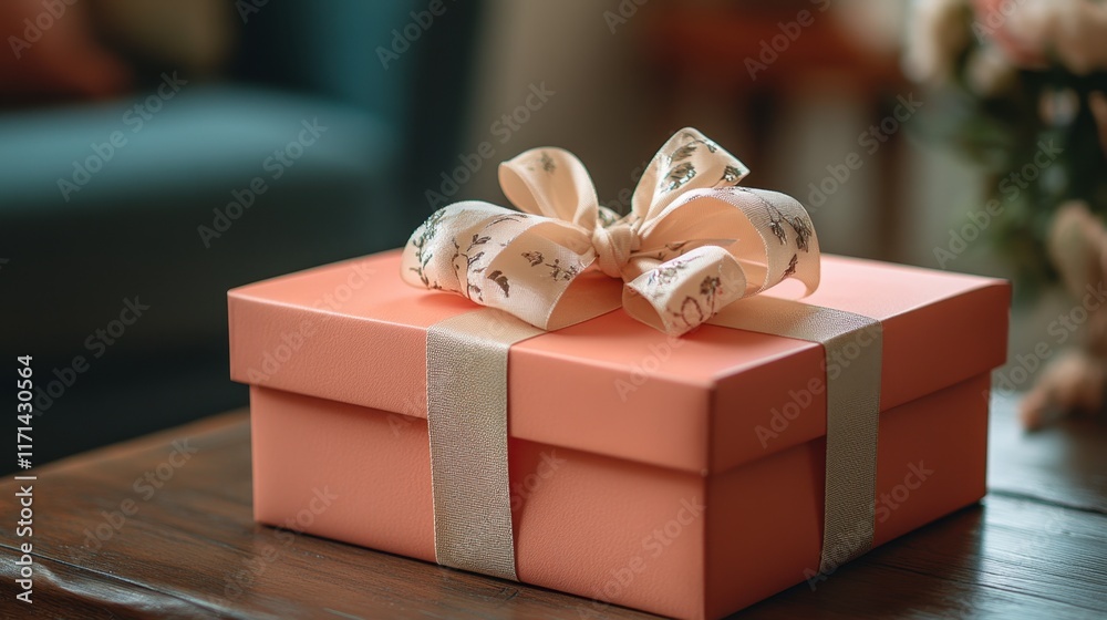 Poster Gift box beautifully wrapped with a delicate ribbon awaiting a special occasion in a cozy living room setting. Generative AI