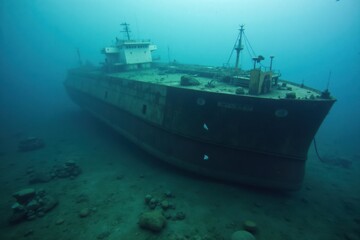 Obraz premium An oil tanker lies wrecked on the ocean floor, surrounded by debris and oil spreading in the water. Fish swim nearby, unaware of the disaster unfolding above
