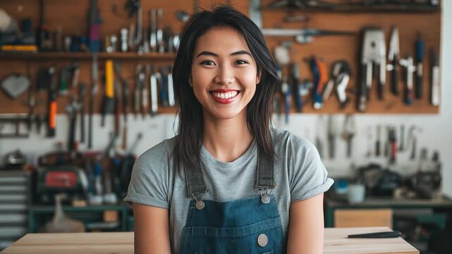 Young asian woman radiates positivity as she sits in a busy workshop filled with various tools, embodying a spirit of creativity and craftsmanship