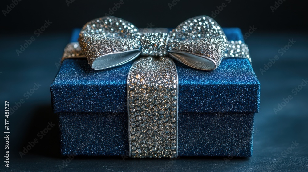 Poster Elegant blue gift box adorned with shimmering silver bow captured in soft light setting a festive atmosphere. Generative AI