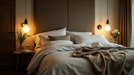 A cozy bedroom with soft lighting, a warm bed with plush pillows, and a peaceful, inviting atmosphere