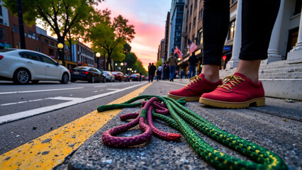 Street view of green and purple mardi gras ropes lying on the pavement at sunset, with a person wearing red shoes in the background, concept of celebration and vibrant city life
