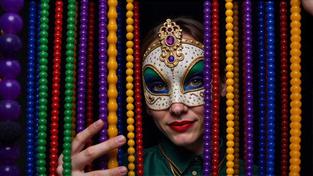 Woman with white mardi gras mask adorned with gold details and surrounded by colorful beads, concept of mystery and festive elegance