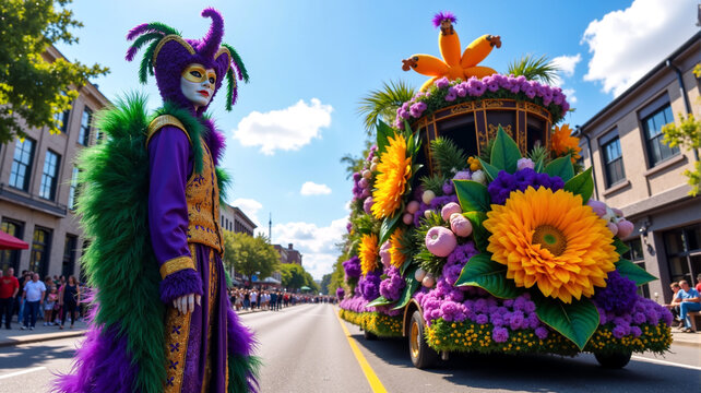 Mardi gras float decorated with sunflowers and colorful flowers, with a performer in a purple and gold jester costume, concept of joy and celebration at cultural parades