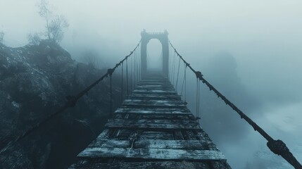 Obraz premium A Fog Shrouded Wooden Suspension Bridge Over a Misty Gorge