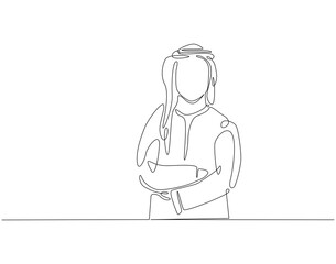 Continuous line drawing of arabian man. Single line illustration of arabic man standing. Islamic, muslim, arab concept. Editable outline