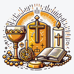 Christian icons set. Risen icons. Cross, communion, bible, and so on. Vector stock illustration