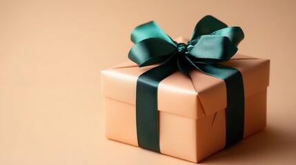 Obraz premium Delicate peach gift box adorned with an elegant green ribbon enhances the anticipation of surprise and joy. Generative AI