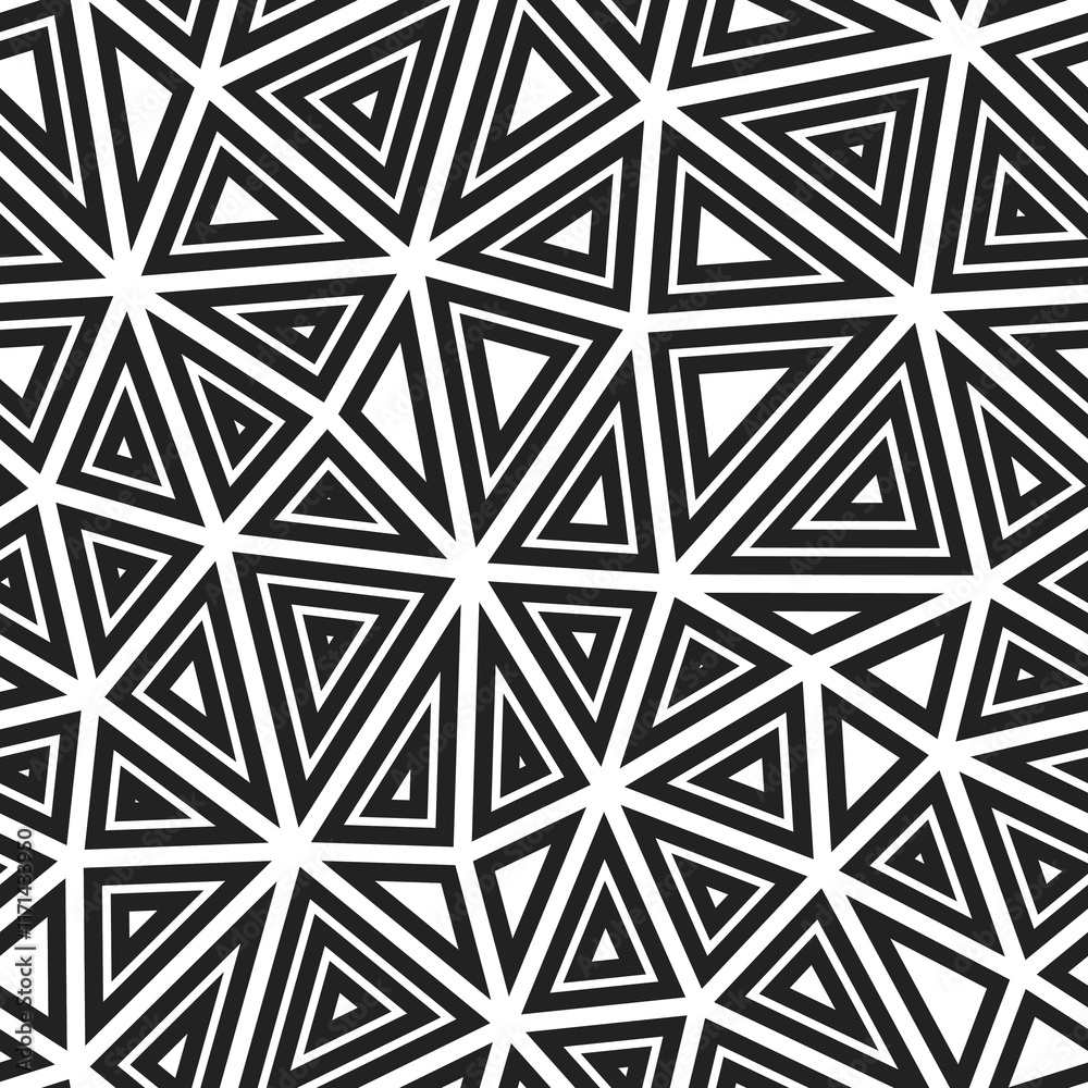 Poster geometric background. large triangles size. multiple repeated inner triangles. black and white style