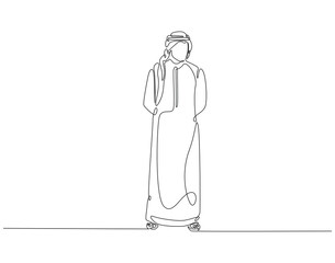 Continuous line drawing of arabian man. Single line illustration of arabic man standing. Islamic, muslim, arab concept. Editable outline