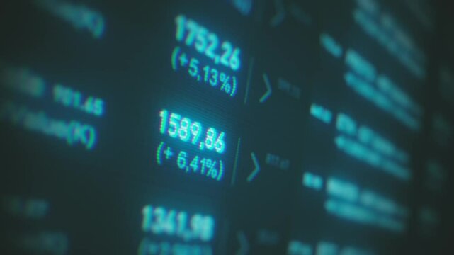 Stock Market And Exchange Board Background/ Animation of a business stock exchange market background with bitcoins currencies data and numbers and close-up of software screen with depth of field