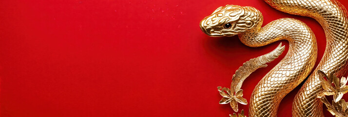 Fototapeta premium Golden snake ornament celebrating chinese new year on red background