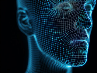 Digital Human Face Made of Glowing Blue Dots
