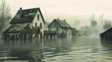 Obraz premium Flooded Village Houses Submerged Under Water