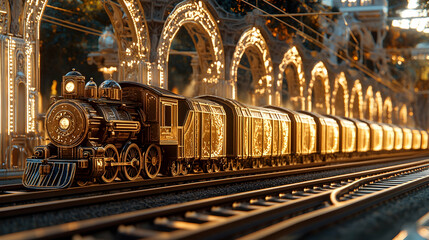 Fototapeta premium Golden steam train at night under ornate archway.