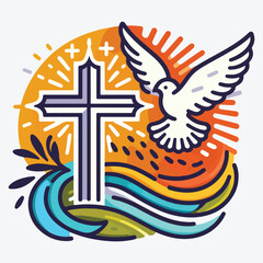Christian illustration. Church logo. The cross of the Lord and Savior Jesus Christ and the symbol of the Spirit is a dove. stock illustration