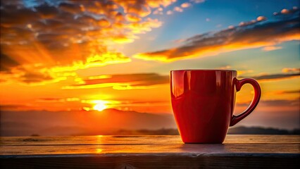 Red mug silhouette, sunrise/sunset backlit, showcasing a coffee drink's warm glow.